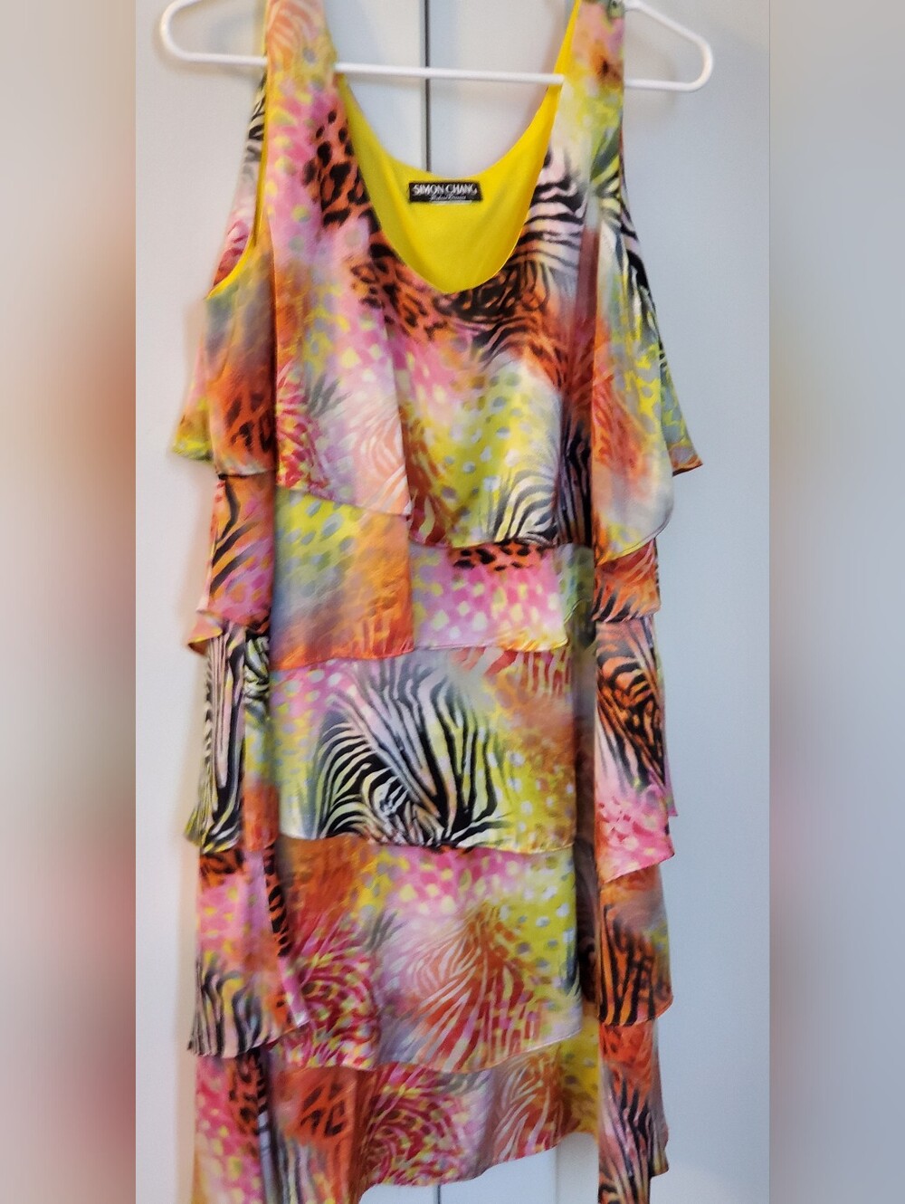 Simon Chang- Tiered Tropical Zebra Print Party Midi Dress Sz.10-12 PTP 23 - Picture 2 of 9